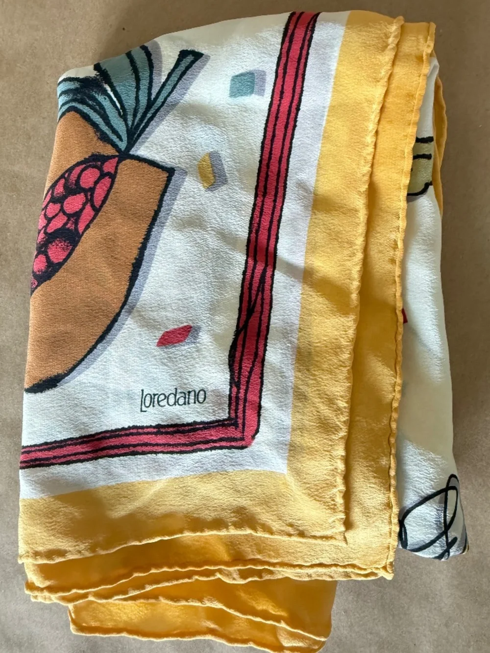 VINTAGE LOREDANO Silk Colorful Fruit Square Scarf Luxury Collectible